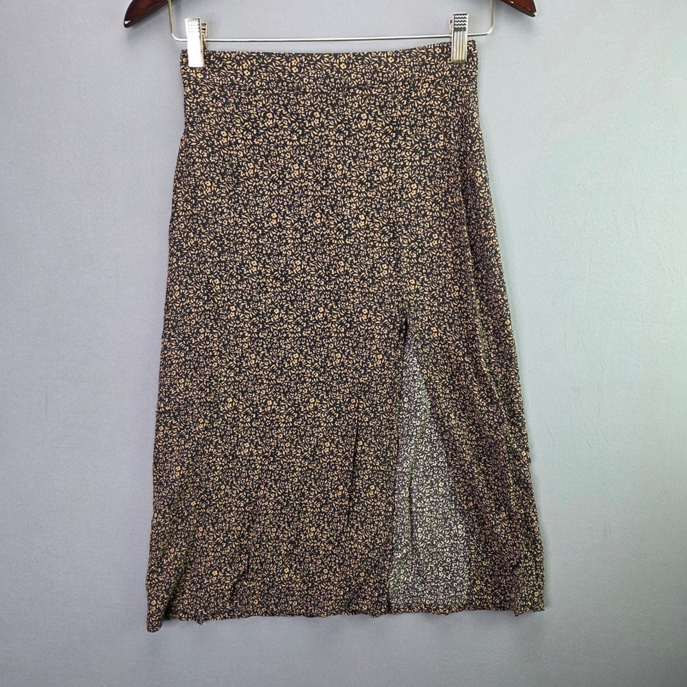 American Eagle Floral Midi Skirt XS Black Tan Ditsy Print High Waist Side Slit